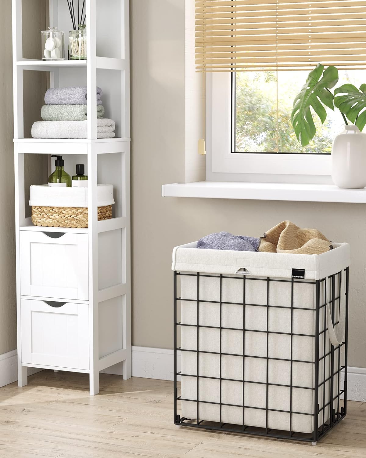 SONGMICS Cos de rufe pliabil cu cadru metalic, sac detasabil si lavabil, 90L, 48x33x58cm, negru si alb
