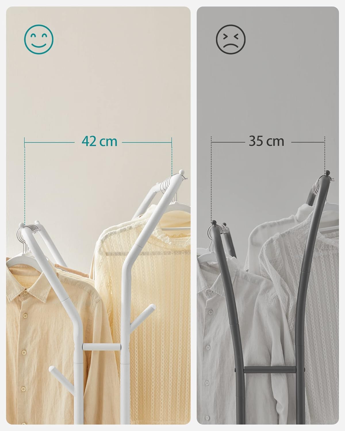 SONGMICS Suport pentru haine pe roti, cu polita, sina dubla, cadru metalic, sarcina 100kg, 53x104x155cm, alb