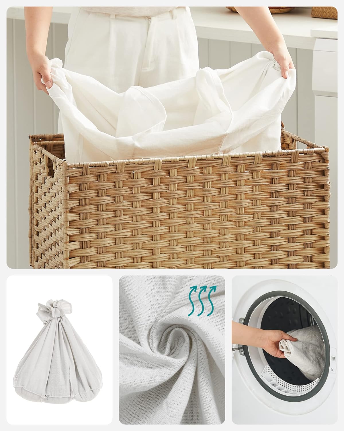 SONGMICS Cos de rufe tesut manual, cu captuseala detasabila lavabila, 3 compartimente, stil ratan, 140 litri, 66x33x60 cm, maro