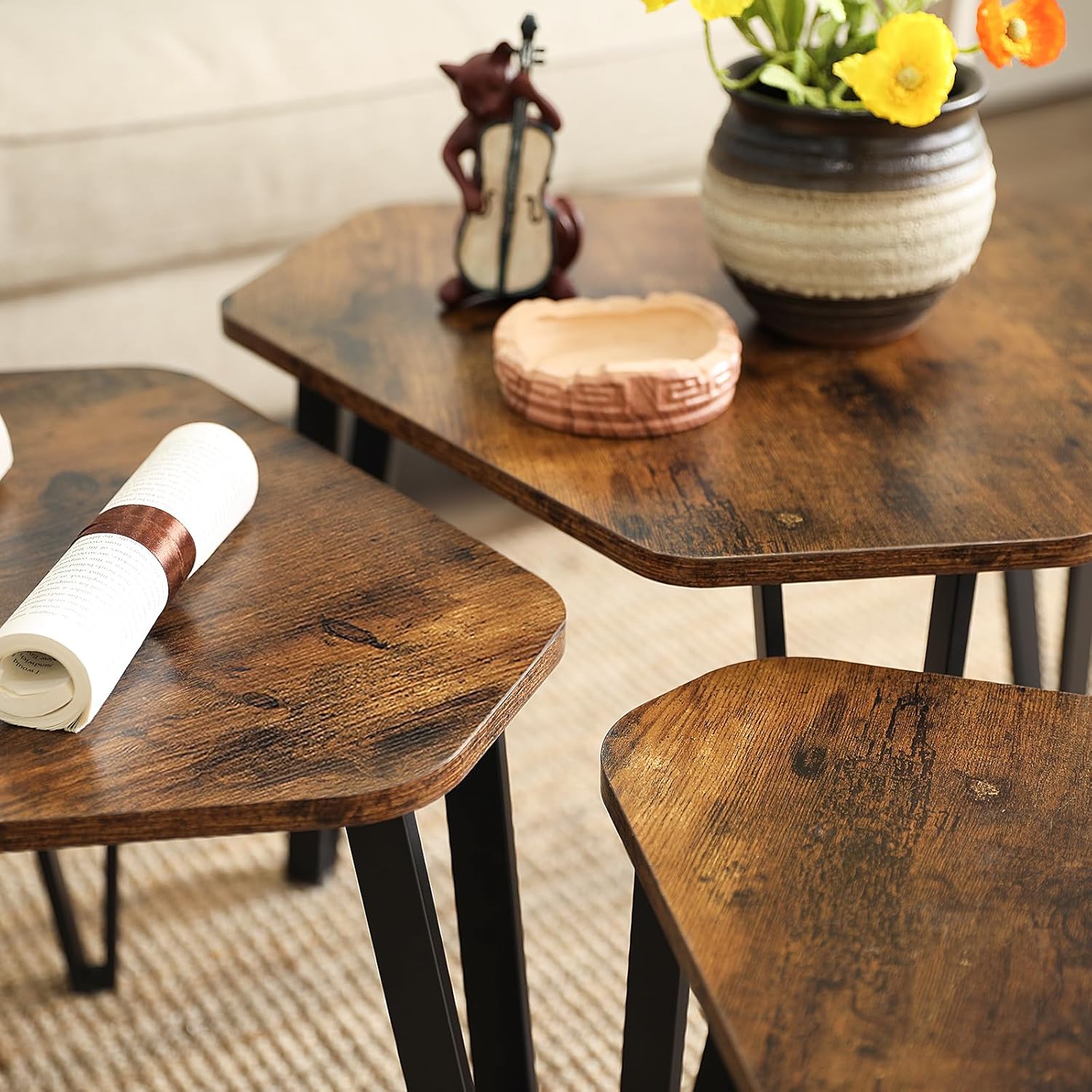 VASAGLE Set 3 mese de cafea suprapozabile, stil industrial, diametru 40, 51 si 59 cm, maro rustic