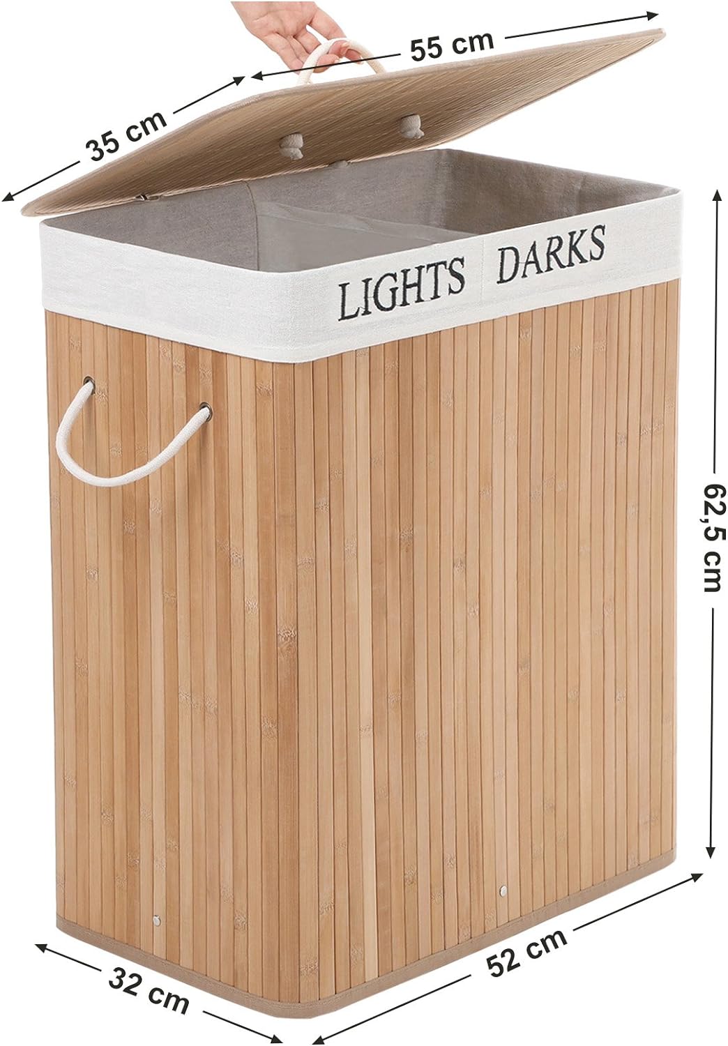 SONGMICS Cos de rufe din bambus cu capac, 2 compartimente, sac detasabil, volum 100L, 52x32x62cm, maro