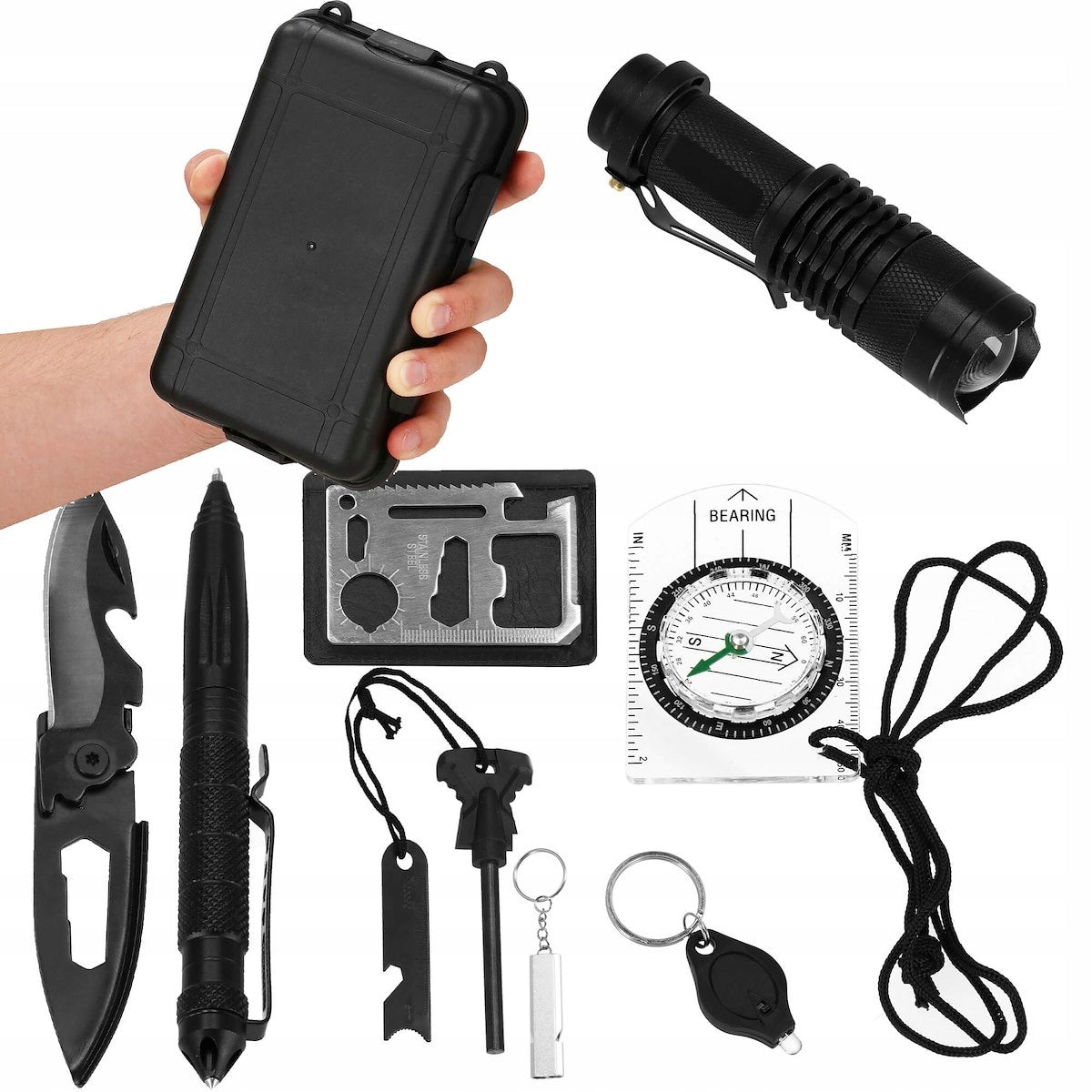 Kit de supravietuire turistic multifunctional camping, vanatoare, pescuit, 9 piese