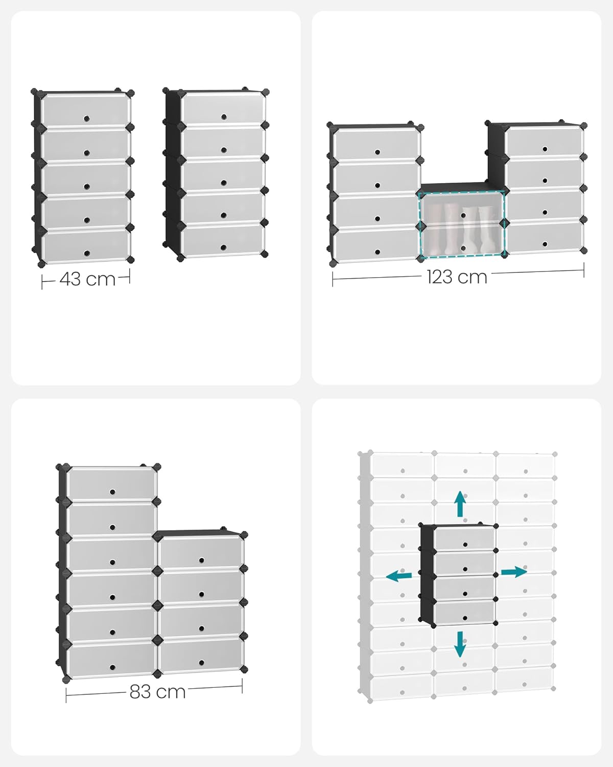 SONGMICS Dulap de depozitare pantofi modular, configurabil cu 10 compartimente, 43x31x173 cm, negru - 4