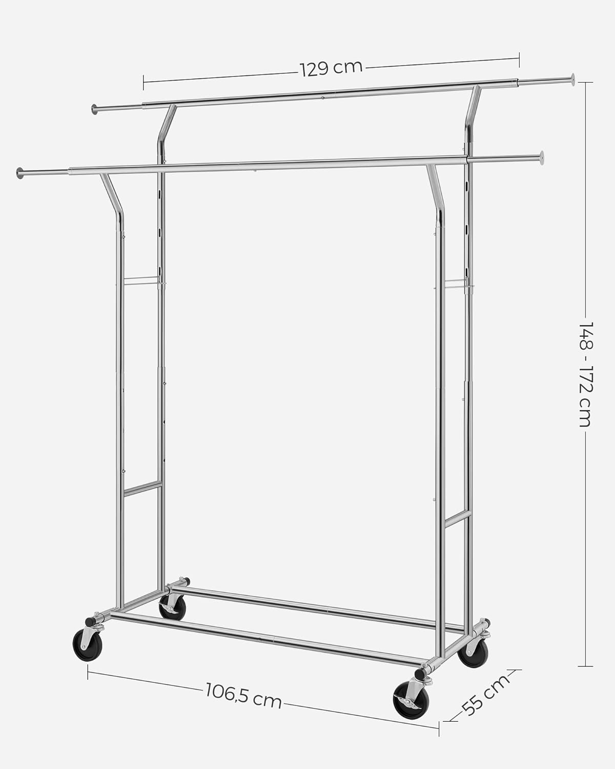 SONGMICS Suport pentru haine pe roti, sina dubla extensibila, din inox cromat, sarcina 100kg, 129x55x148cm, argintiu