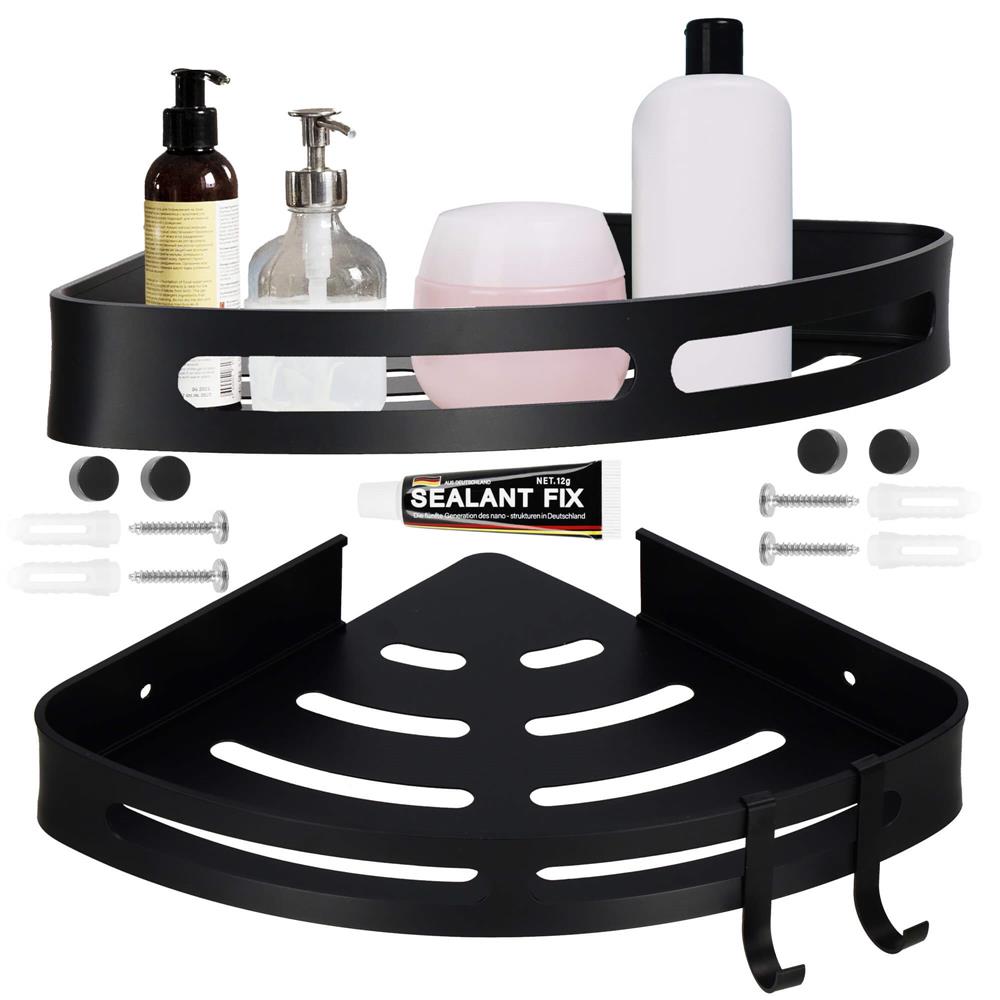 Set de 2 rafturi de baie pentru colt cu 2 sisteme instalare pe perete, aluminiu, 27x20x4cm, negru
