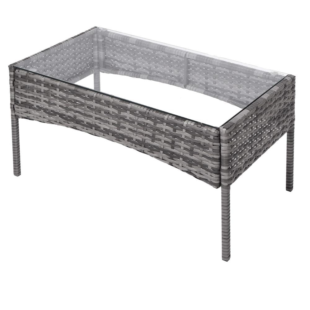 Set mobilier terasa, din tehnorattan, masa cu blat sticla securizata, 2 fotolii si 1 canapea cu perne, gri