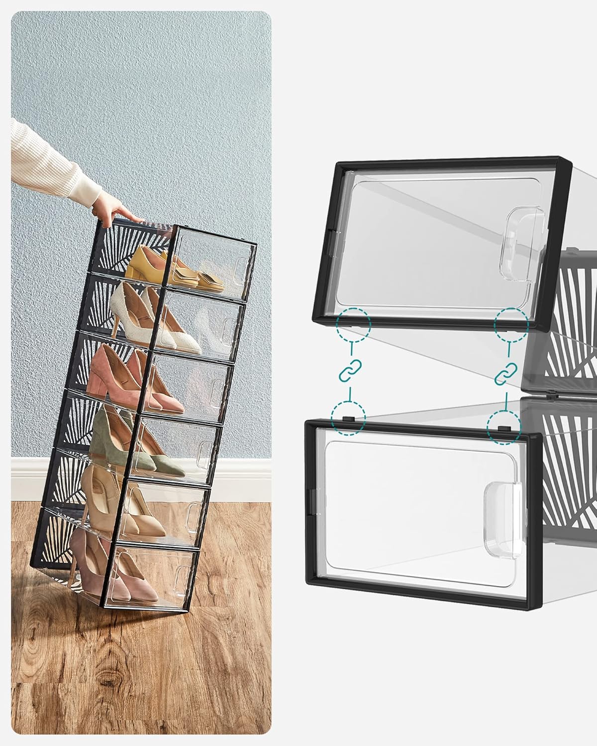 SONGMICS Cutii de pantofi, set 18 organizatoare stivuibile, structura rezistenta ABS, 34x23x14 cm, transparent si negru
