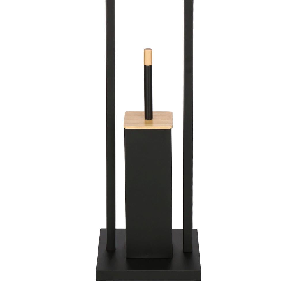 Stand cu perie WC si suport hartie igienica, metal si bambus, 80cm, negru