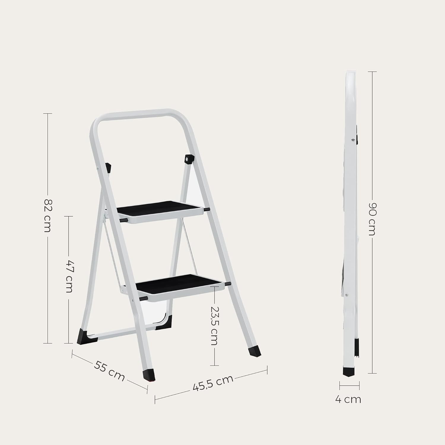 SONGMICS Scara pliabila cu 2 trepte, cauciuc antiderapant, sarcina 150 kg, otel, 45x55x82cm, alb si negru
