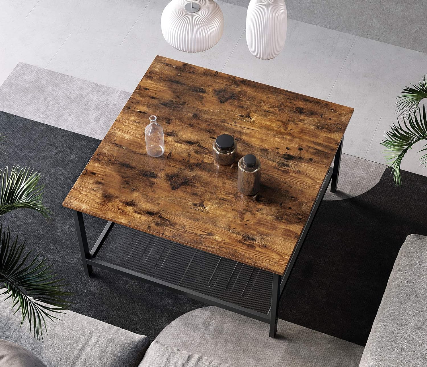 VASAGLE Masa de cafea patrata, cadru otel si polita de depozitare, stil industrial, 80x80x45cm, maro rustic si negru