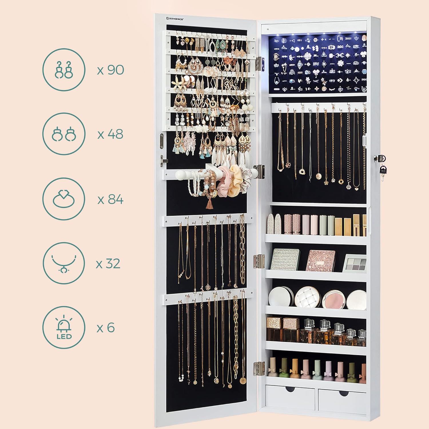 SONGMICS Dulap de bijuterii cu oglinda, montare pe perete, incuietoare, 37x10x120cm, alb
