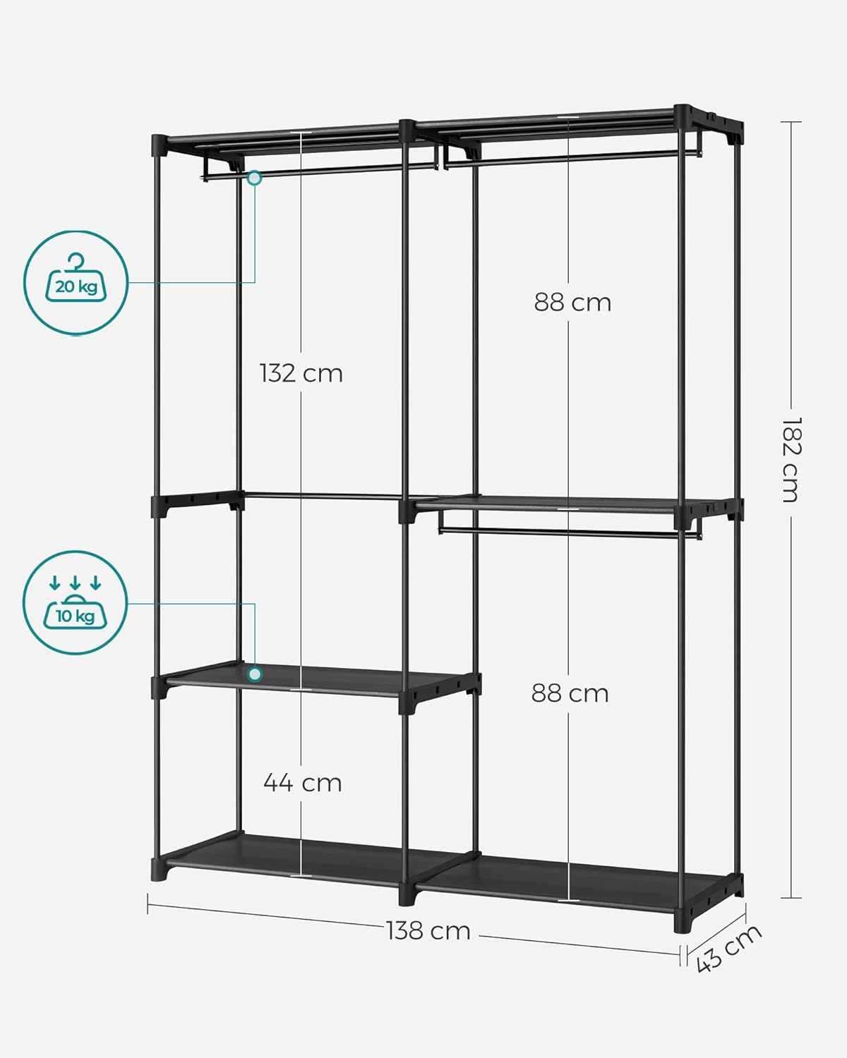 SONGMICS Dulap de haine portabil, cu 3 bare de agatat si rafturi, 138x43x182 cm, negru