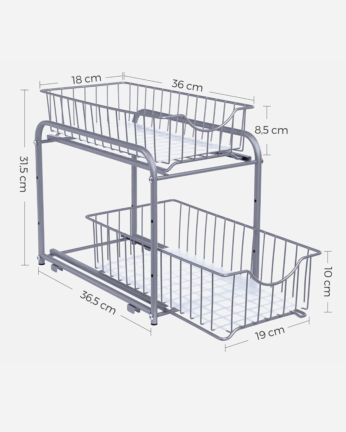 SONGMICS Raft organizator de depozitare cu 2 niveluri, cu sertare glisante, pentru bucatarie sau baie, 21x37x34cm, argintiu