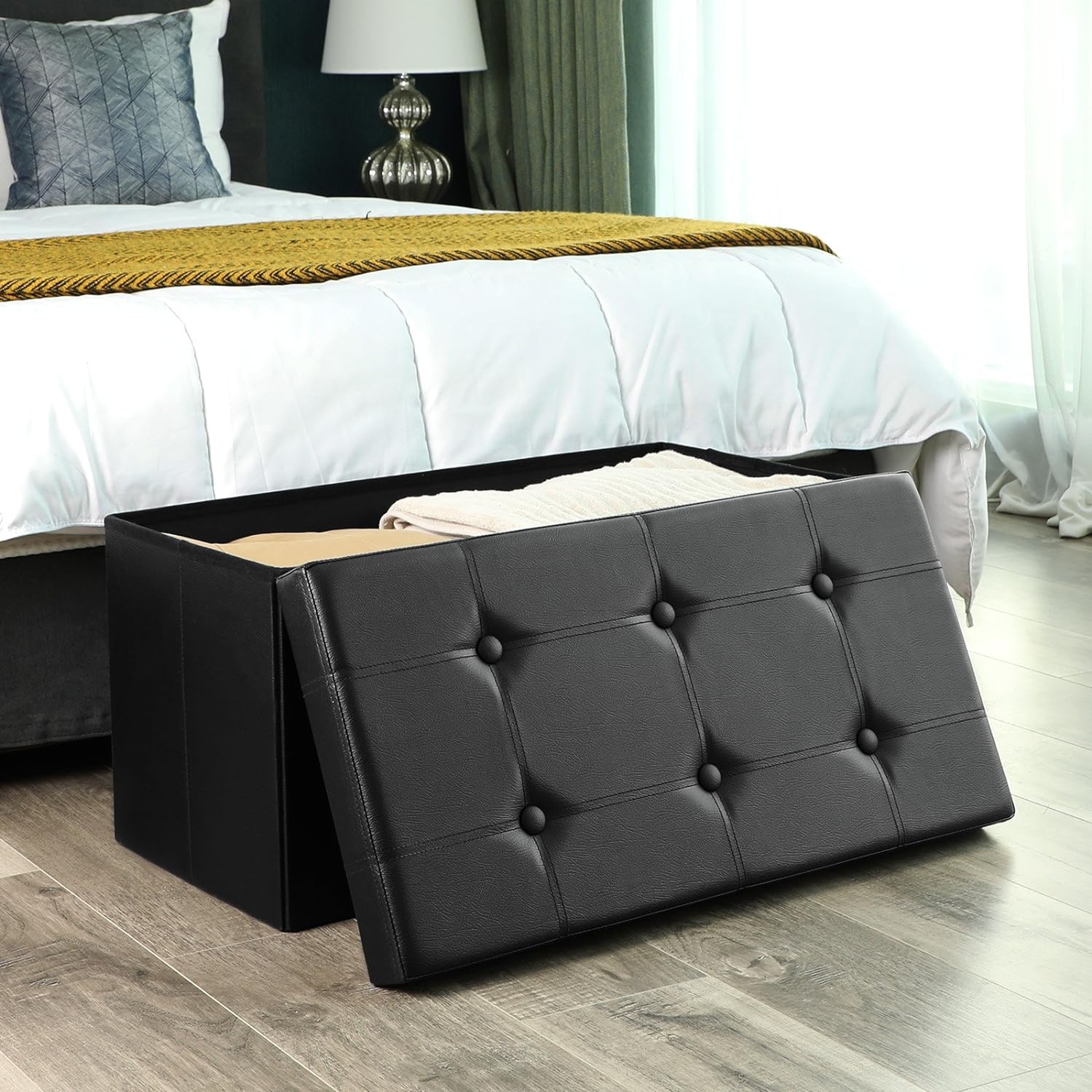 SONGMICS Taburet pliabil cu sezut moale, spatiu depozitare 80 litri, max 300kg, 76x38x38 cm, negru