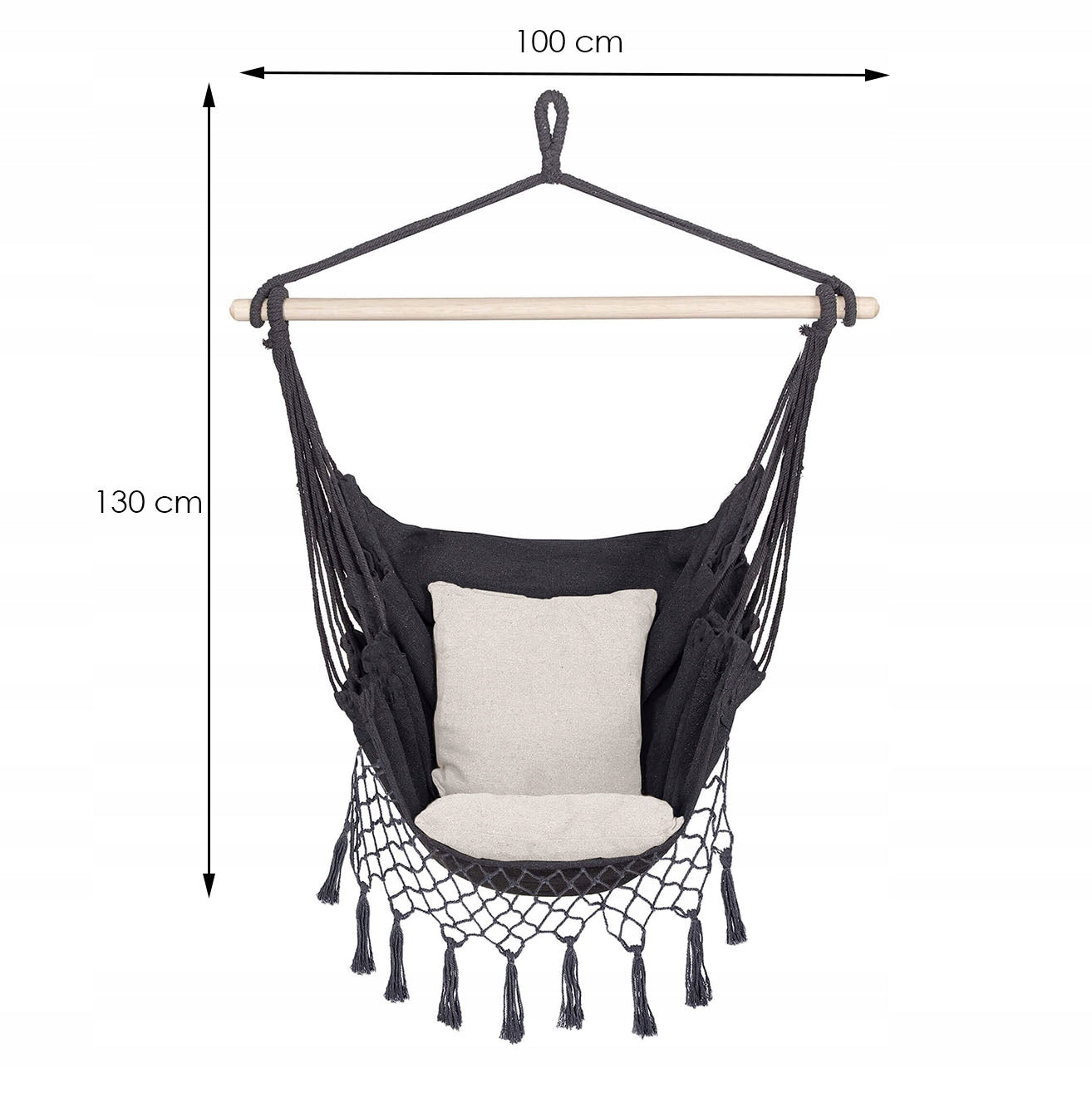 Hamac tip leagan suspendat pentru casa sau gradina HM44, gri inchis cu perne, 130x100cm, 150kg