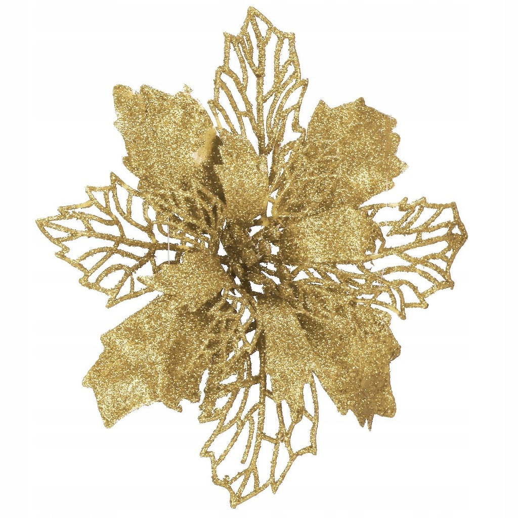 Set 10 ornamente pentru bradul de Craciun, stea Poinsettia, 16cm, galben auriu