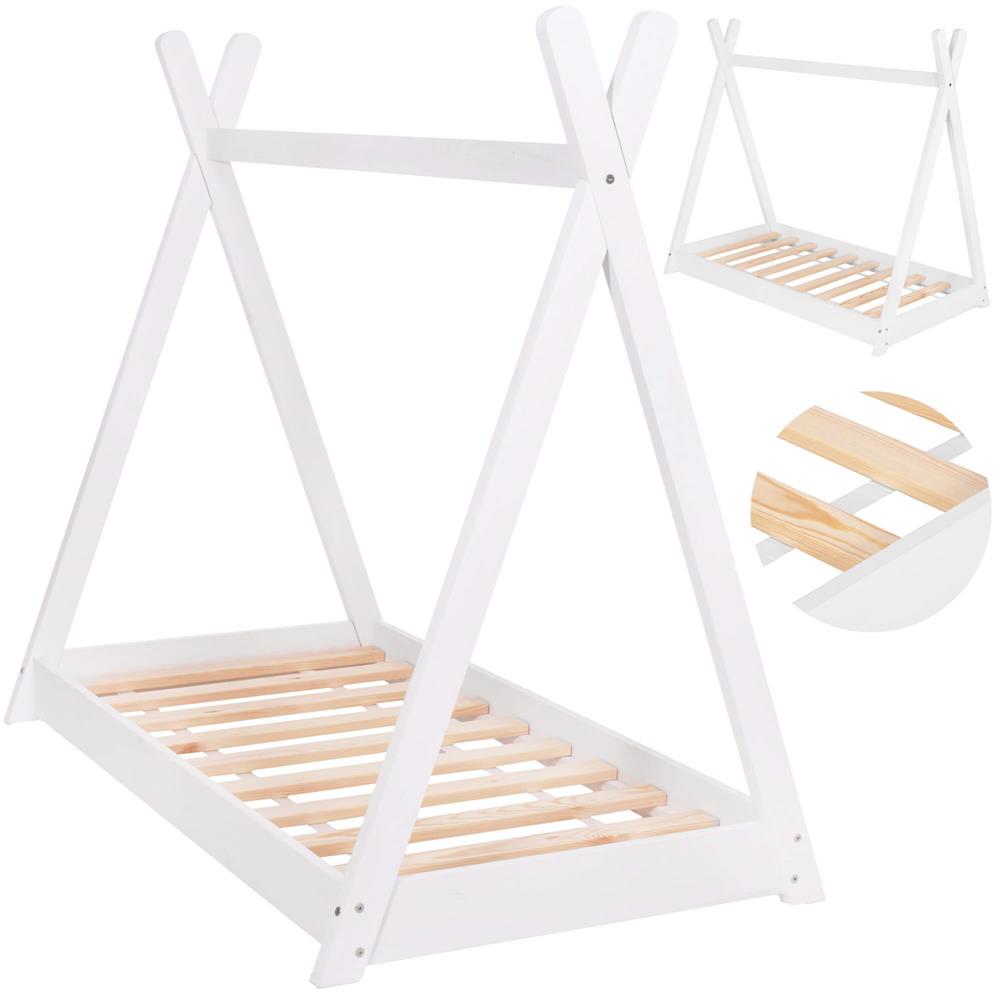 Pat din lemn pentru copii, model TeePee, somiera inclusa, 61x146x130 cm, alb
