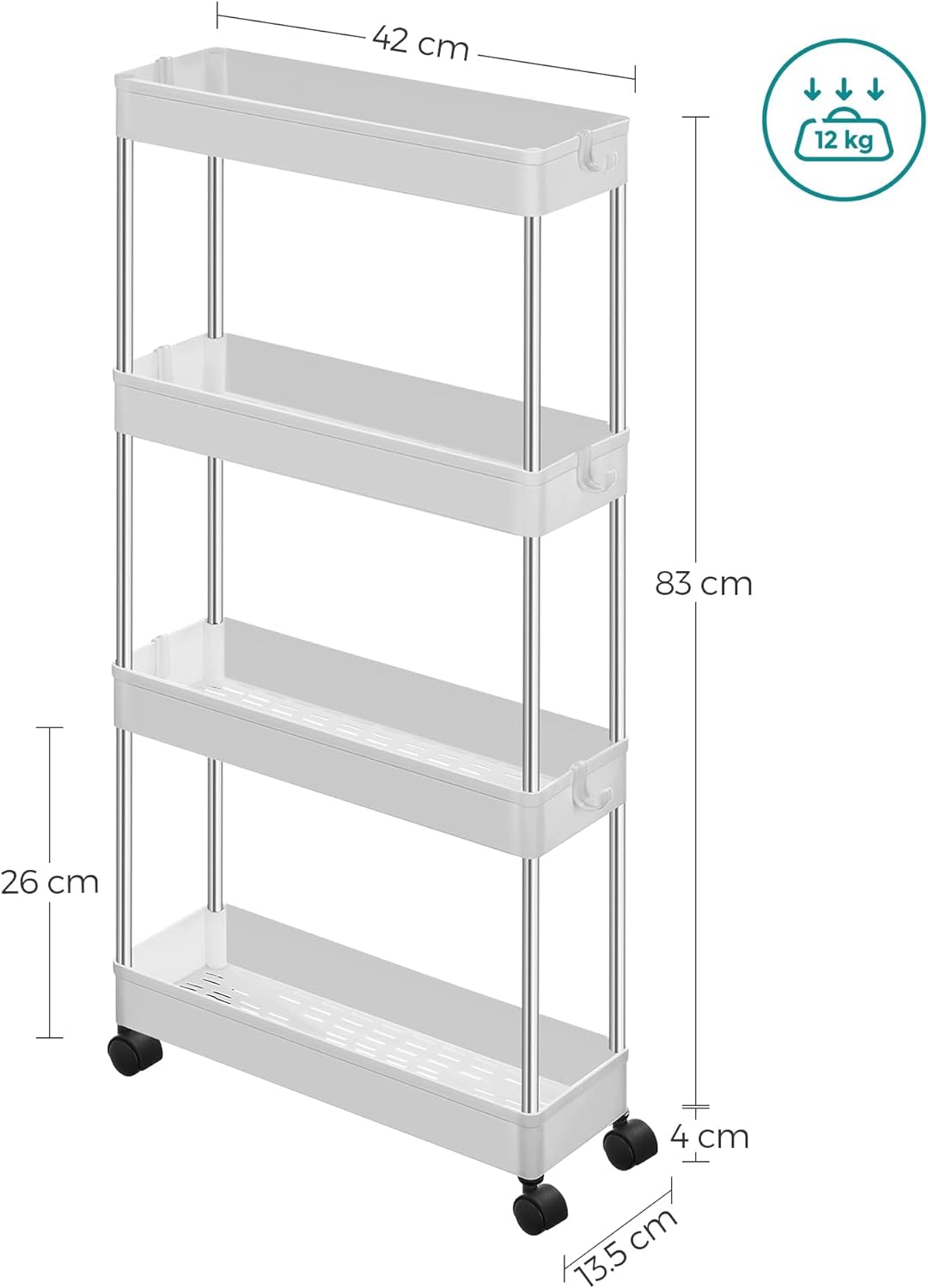 Carucior de depozitare pe roti, pentru bucatarie sau baie, din plastic, cu 4 nivele, 40x13x88cm, alb
