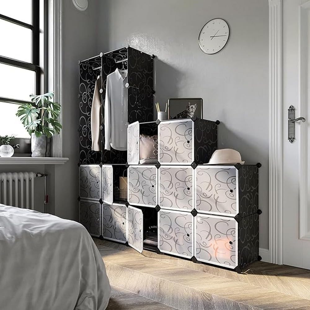 SONGMICS Dulap de depozitare modular, 12 compartimente inchise, 2 sine pentru umerase, 178x143x36cm, negru si alb