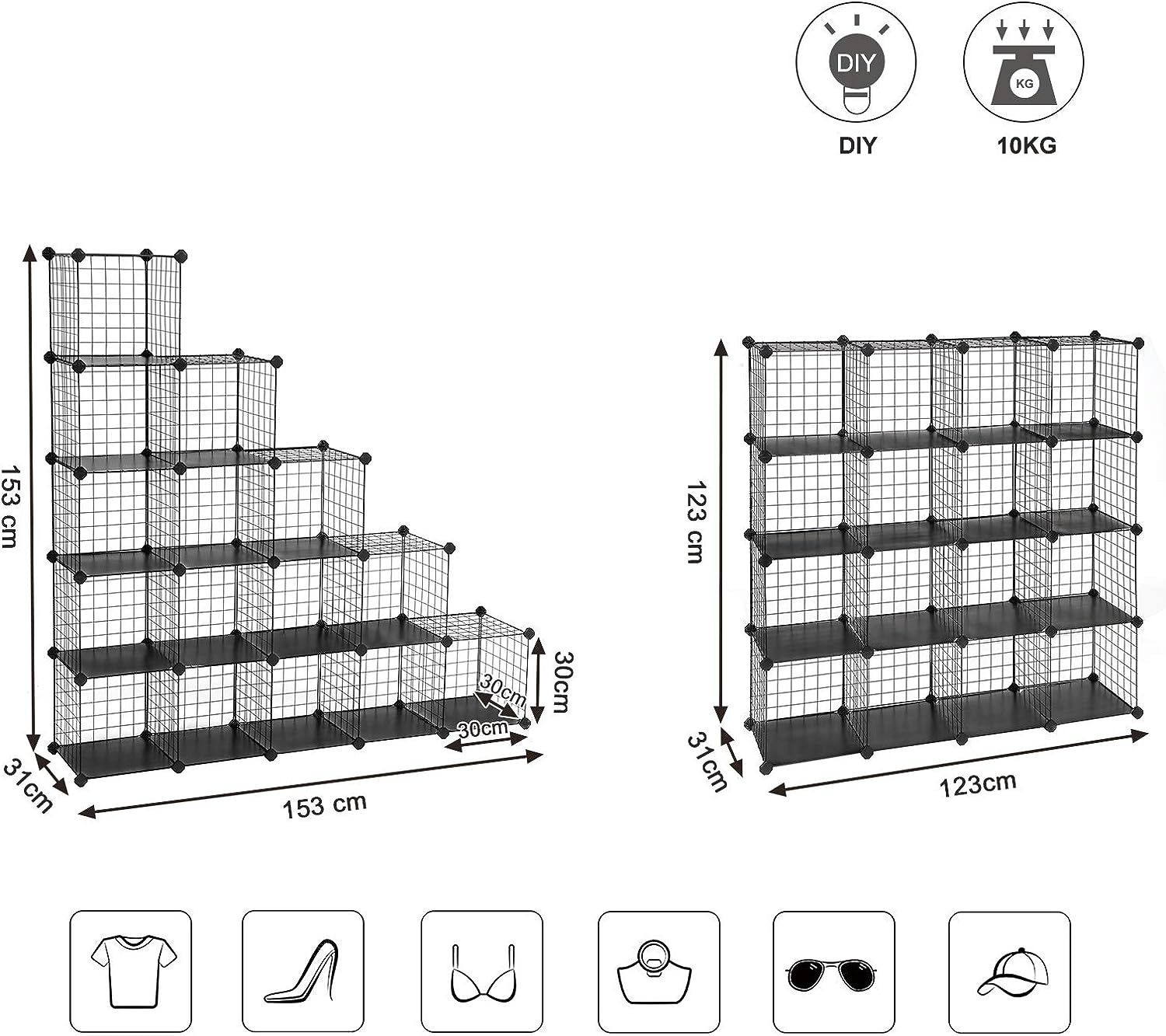 SONGMICS Organizator cu 16 cuburi modulare de depozitare, configurabil, metalic, 123x31x123cm, negru