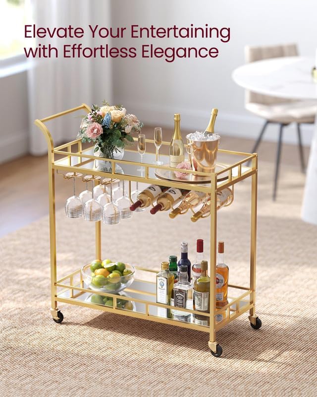 VASAGLE Carucior de servire pentru vin, suport sticle si pahare, cu 2 rafturi din sticla, 38x86x90cm, auriu