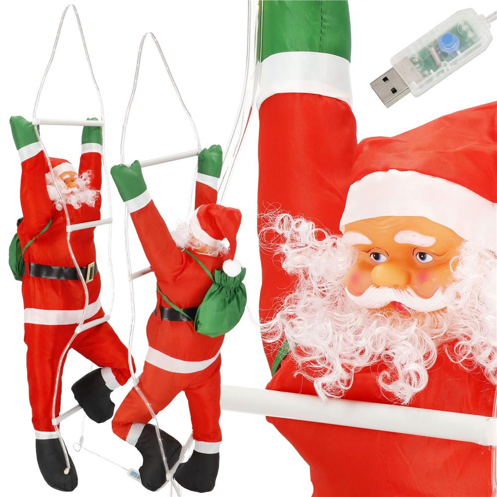 Figurina Craciun, Mos Craciun pe scara, cu iluminare LED, alimentare USB, pentru interior