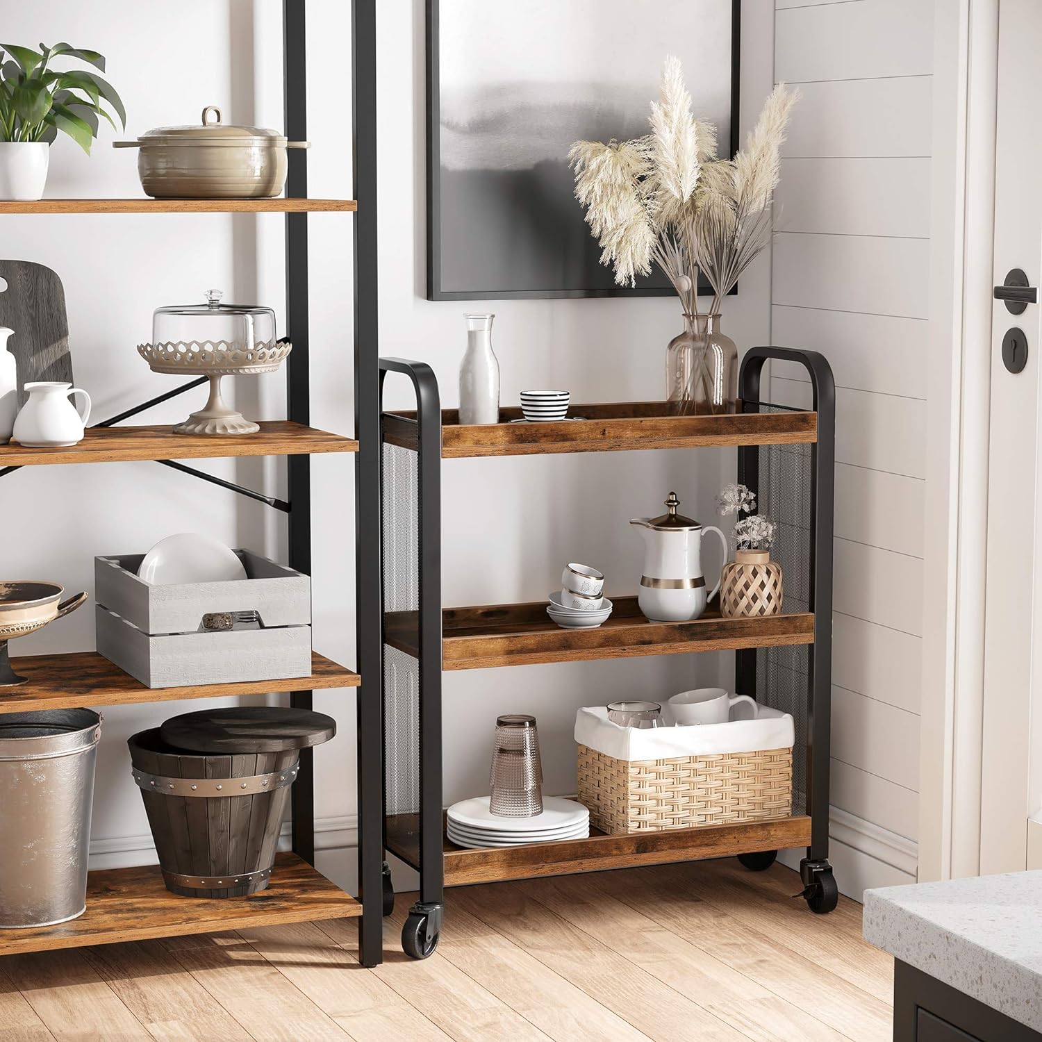 VASAGLE Carucior de servire pe roti pentru bucatarie, cu 3 polite, stil industrial, 26x66x85cm, maro rustic