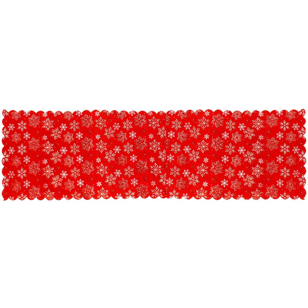 Fata de masa pentru decor, cu motive de Craciun, din stofa, 34x187cm, rosu