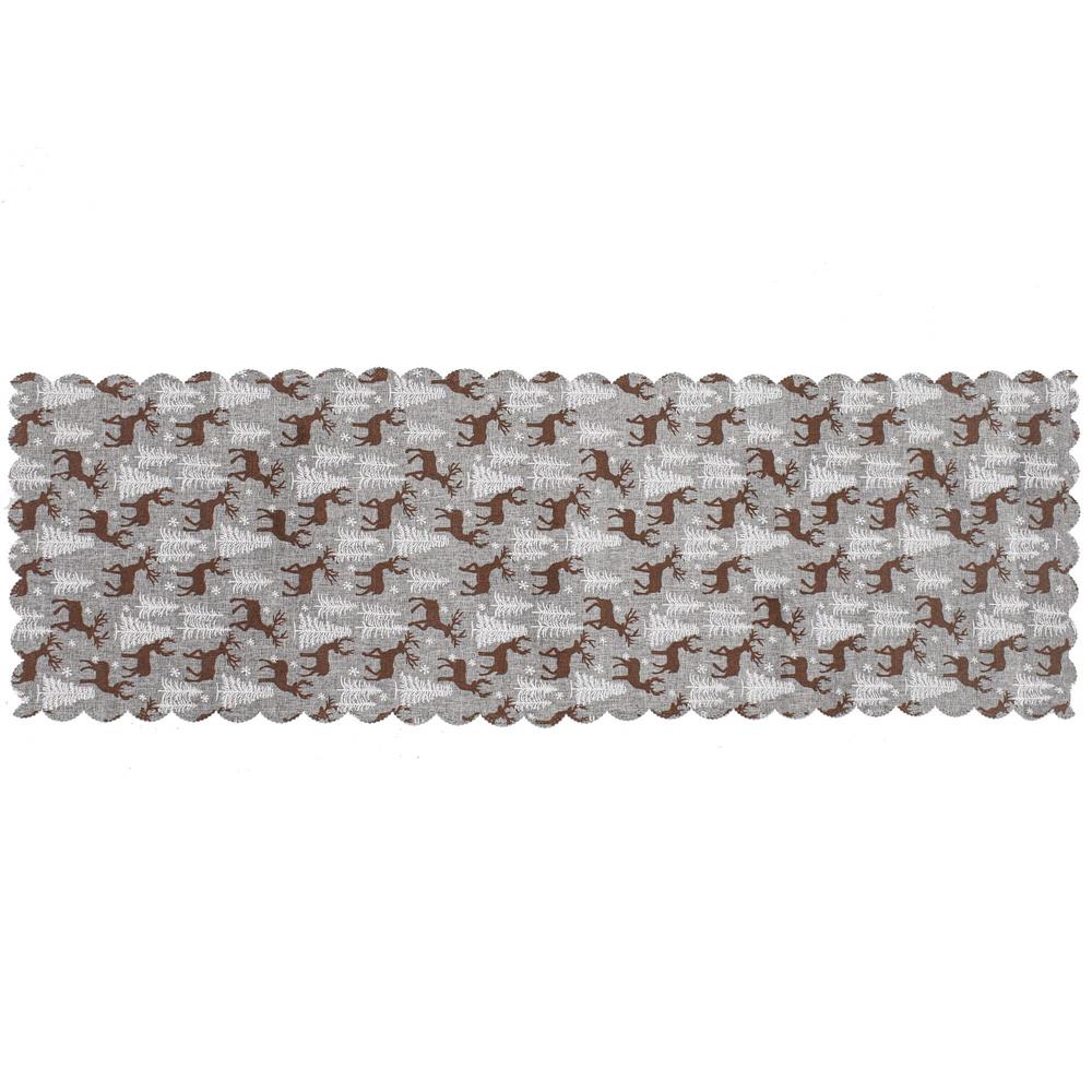 Fata de masa pentru decor, cu motive de Craciun, din stofa, 35x186cm, gri