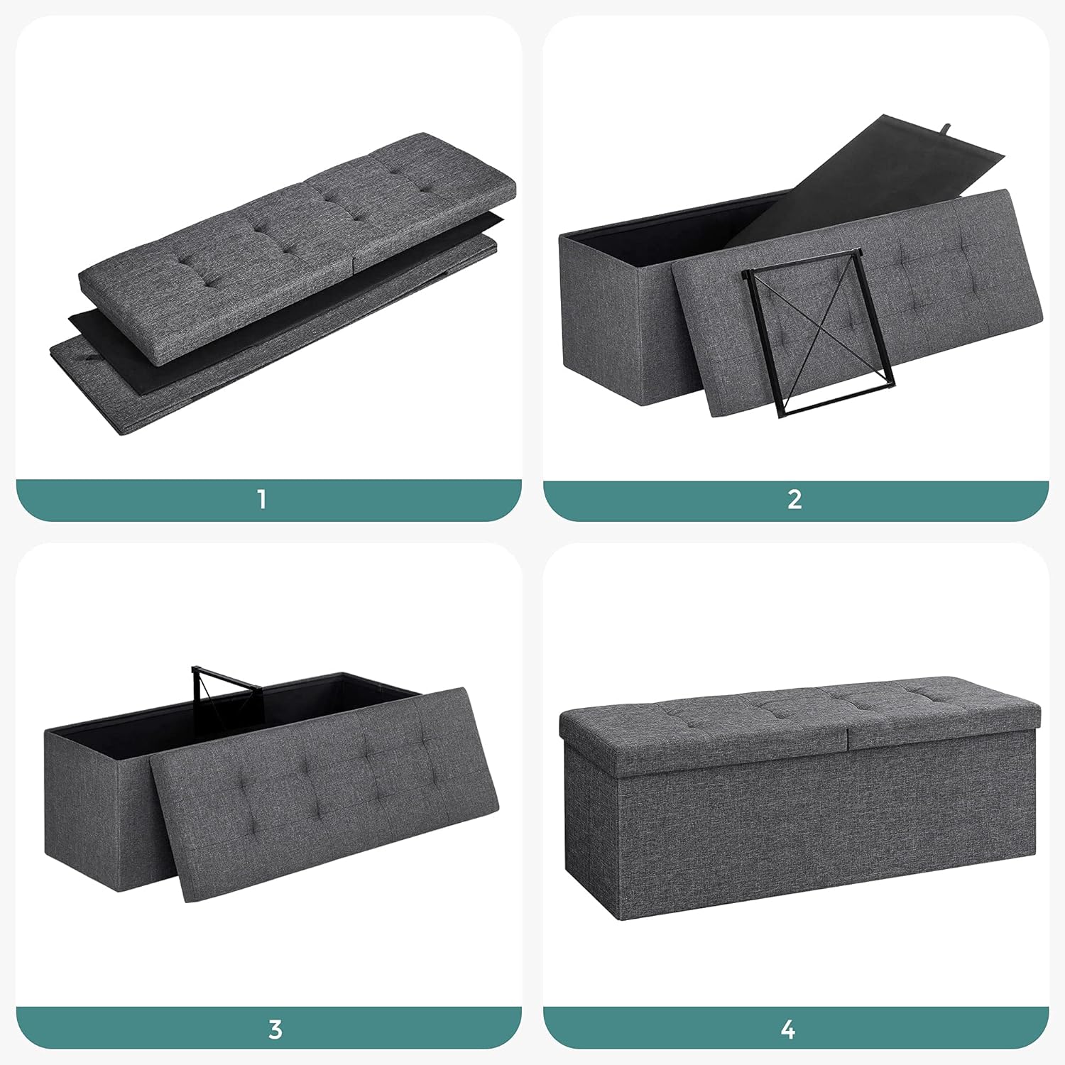 SONGMICS Taburet pliabil cu sezut moale, spatiu de depozitare 120litri, maxim 300kg, 110x38x38cm, gri
