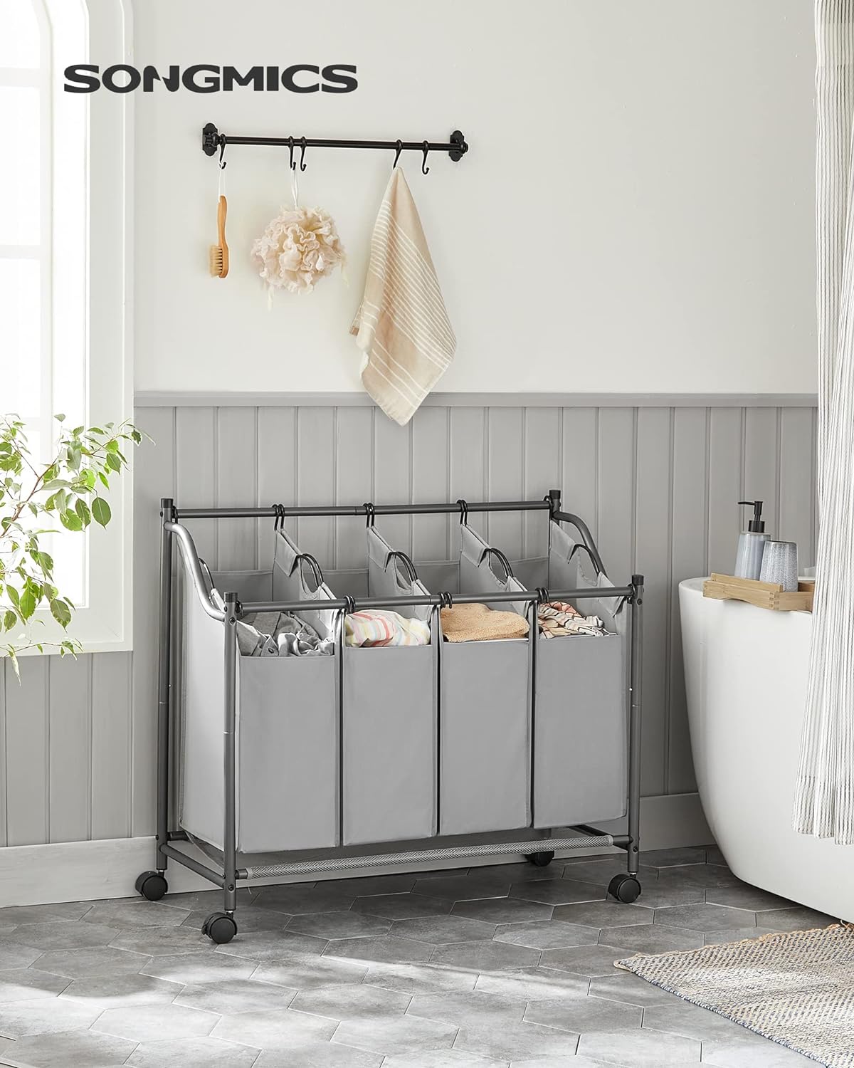 SONGMICS Cos de rufe cu 4 saci detasabili, structura metalica pe roti, 4x35L, 87x38x81cm, gri
