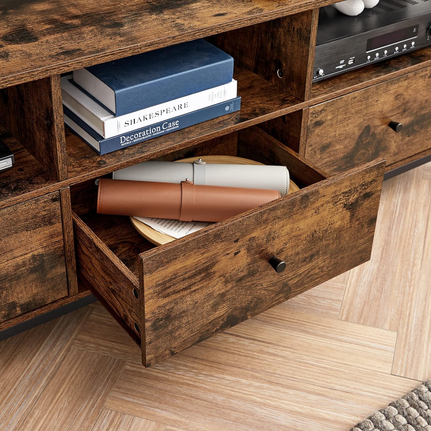 VASAGLE Comoda pentru TV de pana la 65 inch, cu 3 sertare si 3 rafturi deschise, 40x147x50cm, maro rustic si negru