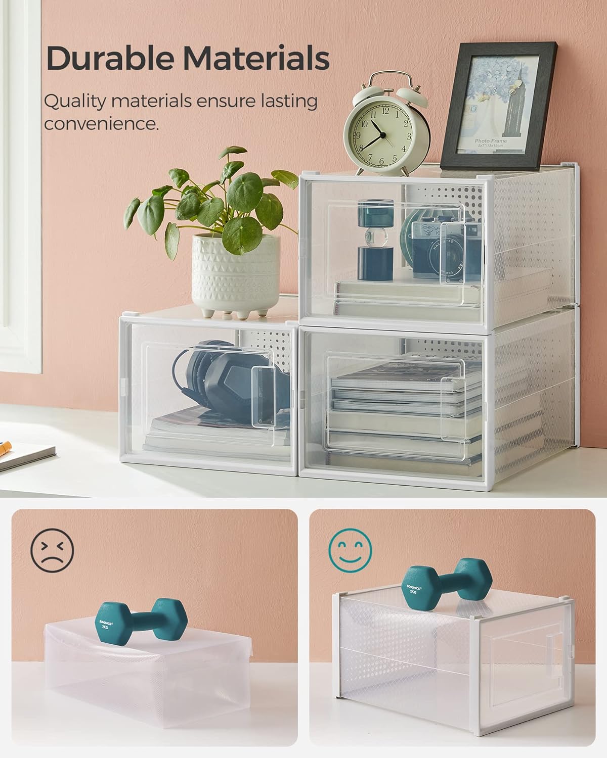 SONGMICS Cutii de pantofi, set de 12 organizatoare stivuibile, structura rezistenta ABS, 35x25x19cm, transparent