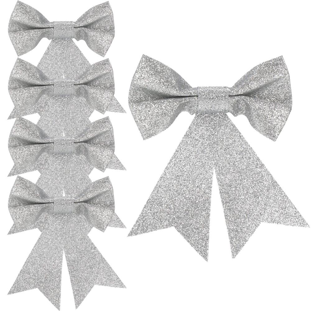 Set 4 ornamente pentru bradul de Craciun, fundita, 13cm, argintiu