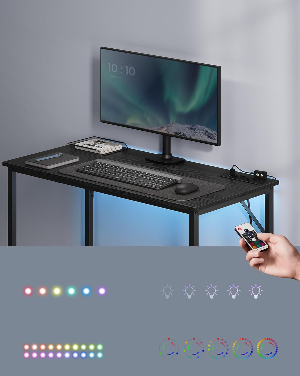 VASAGLE Birou cu iluminare LED, priza incorporata, 2 USB, 50x100x76 cm, negru