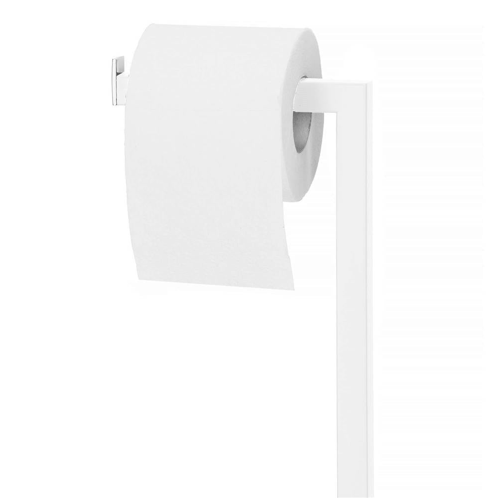 Stand cu perie WC si suport hartie igienica, metal si bambus, 79cm, gri deschis