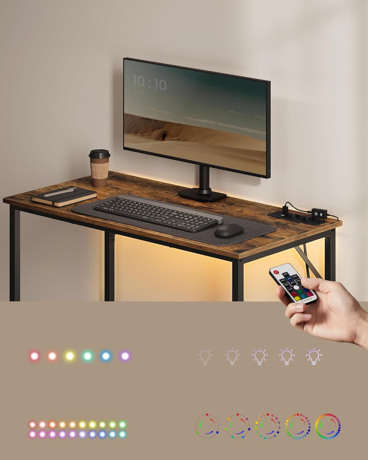 VASAGLE Birou cu iluminare LED, priza incorporata, 2 USB, 50x100x76 cm, maro rustic