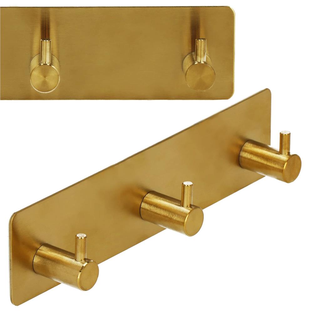 Cuier de baie pentru prosoape, montare fara gaurire, otel, 3 agatatori, 18x4.5cm, auriu