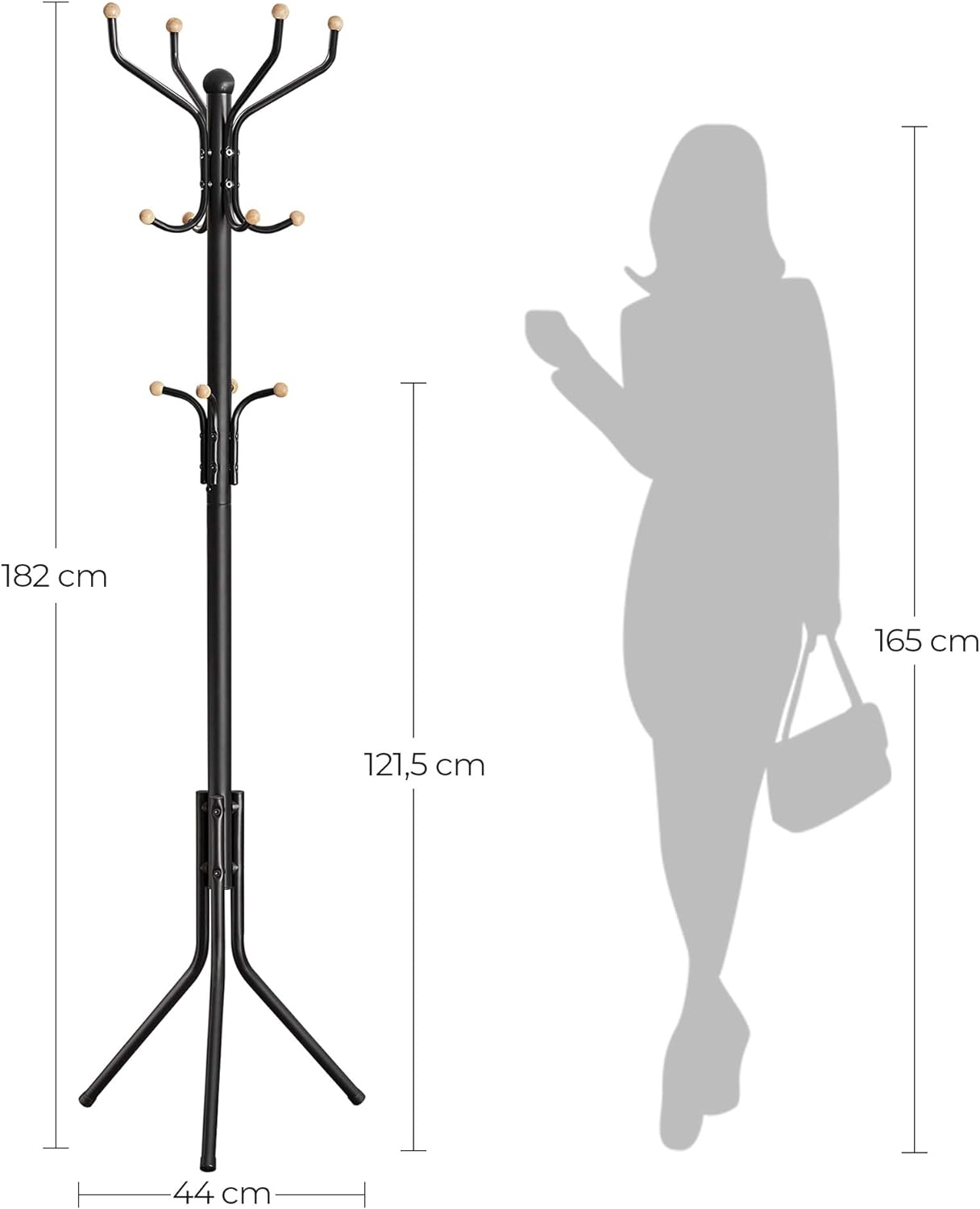 VASAGLE Cuier pentru haine, din otel, tip pom, cu 12 carlige, 182cm, negru