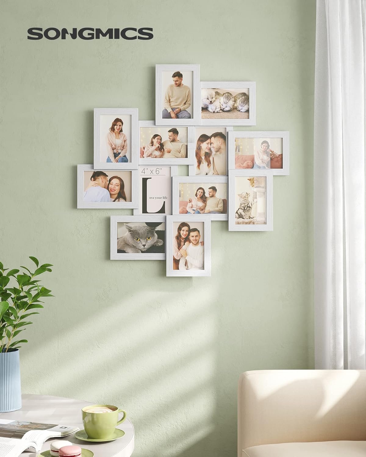 SONGMICS Rama foto de perete din MDF cu sticla, colaj de 12 fotografii, 63x63cm, alb