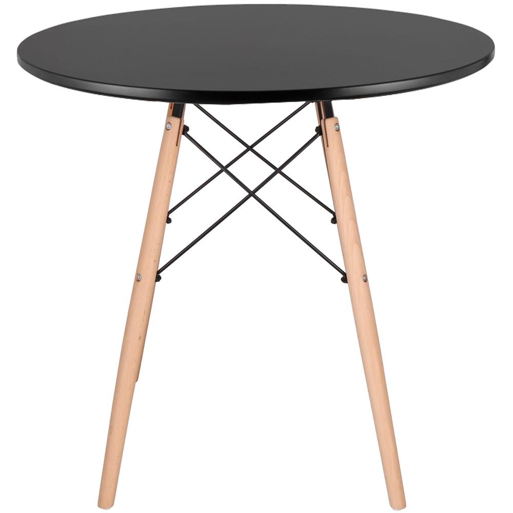 Masa dining bucatarie, rotunda, diametru 80 cm, inaltime 75 cm, Blat MDF, Picioare lemn, Negru