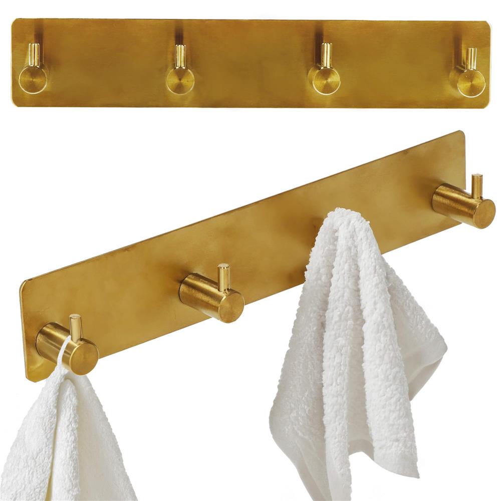 Cuier de baie pentru prosoape, montare fara gaurire, otel, 4 agatatori, 24x4.5cm, auriu