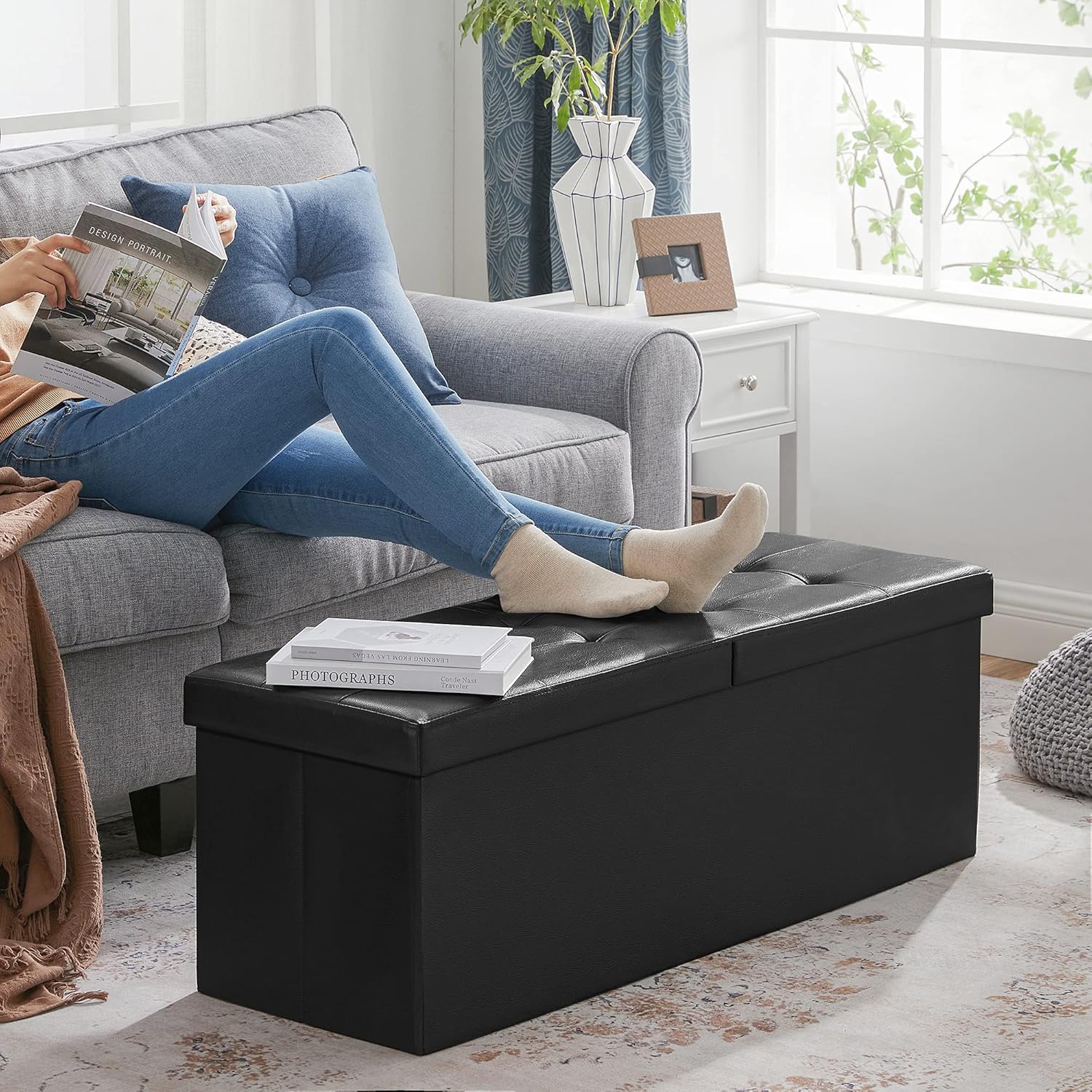 SONGMICS Taburet pliabil cu sezut moale, spatiu de depozitare 120litri, maxim 300kg, 110x38x38cm, negru