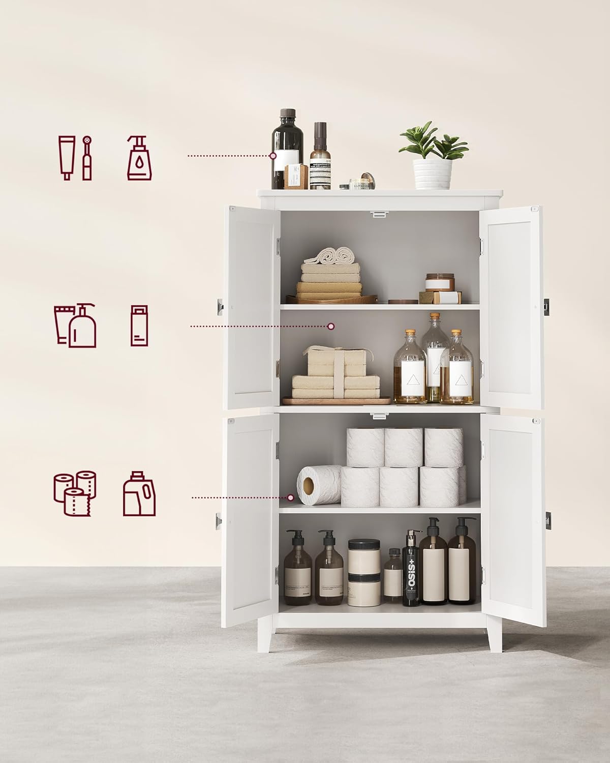 VASAGLE Dulap de baie, din MDF, cu 2 compartimente si 4 usi, rafturi reglabile, 30x60x110cm, alb - 4