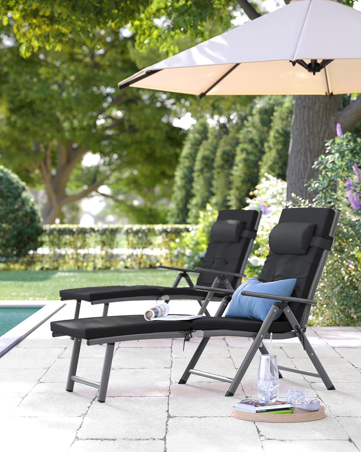 SONGMICS Sezlong pliabil, cu saltea groasa si tetiera, spatar reglabil, maxim 150kg, 183x60x39cm, negru
