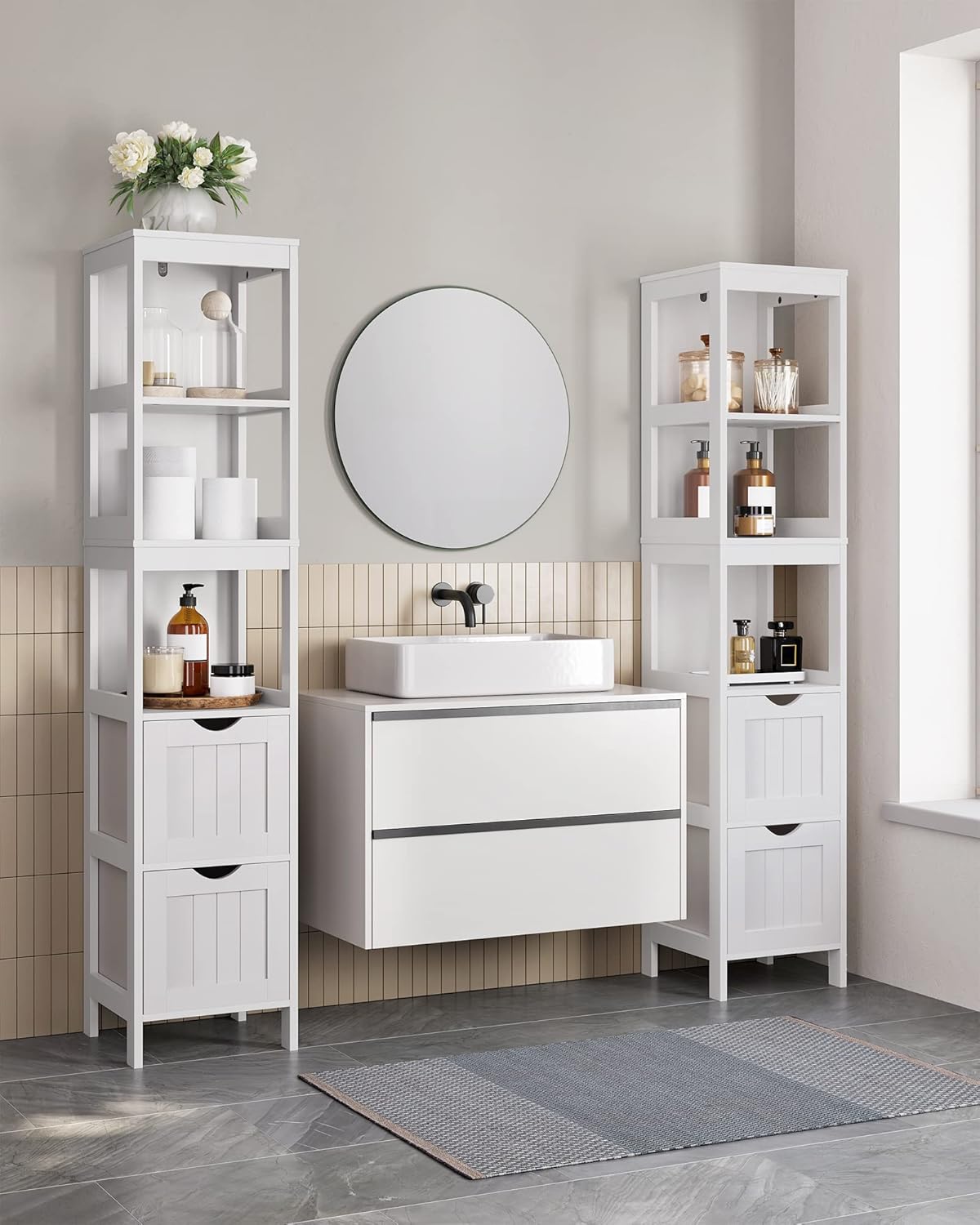 VASAGLE Dulap de baie tip coloana, din MDF, cu 2 sertare si 3 rafturi, 30x30x142 cm, alb