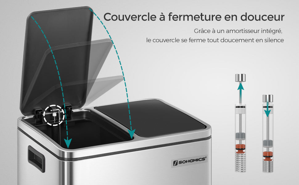SONGMICS Cos de gunoi din inox cu 2 compartimente colectare selectiva, cu galeti interioare, 2x15litri, argintiu si negru