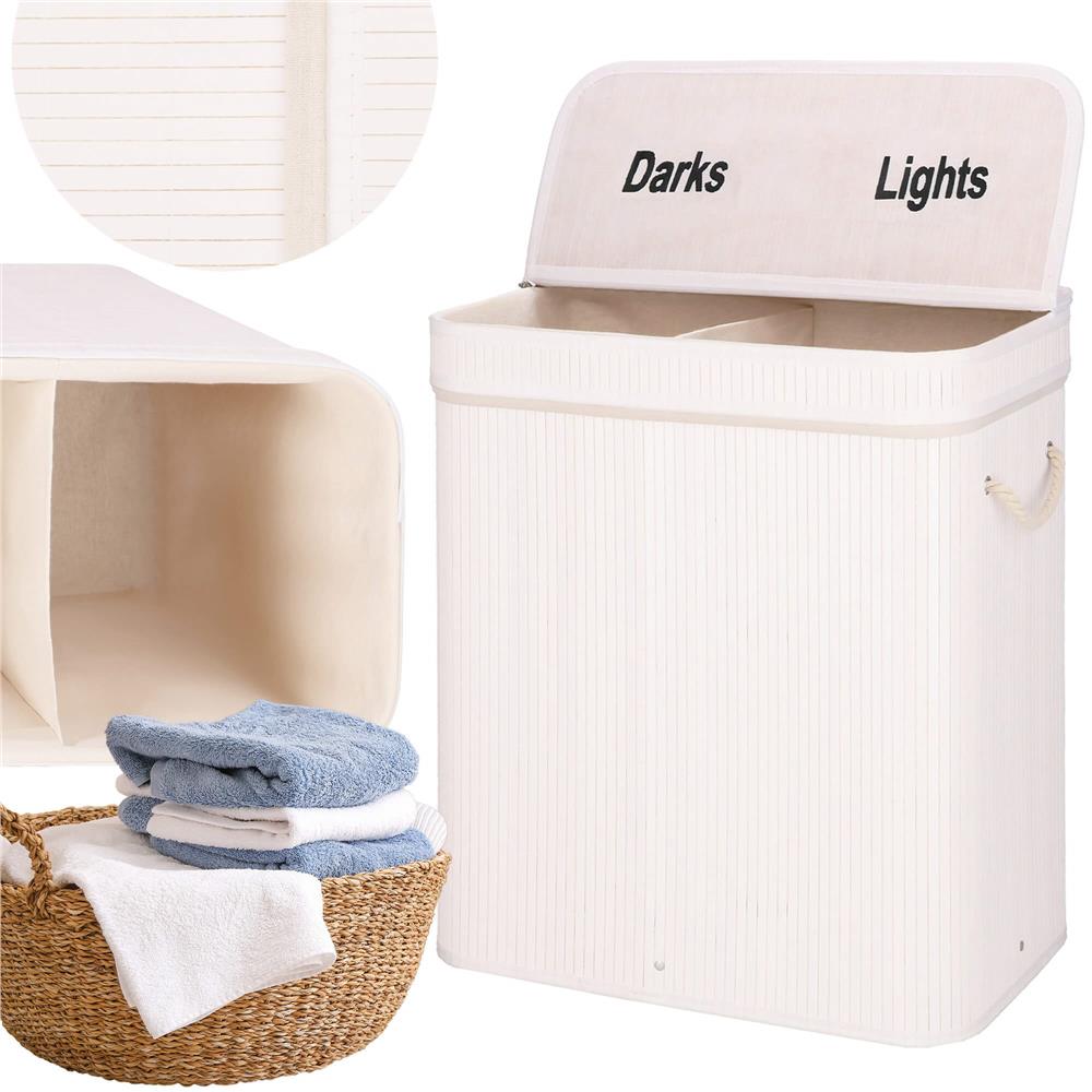 Cos de rufe din bambus cu capac, 2 compartimente, sac detasabil, volum 100L, 54x35x60cm, alb - 5