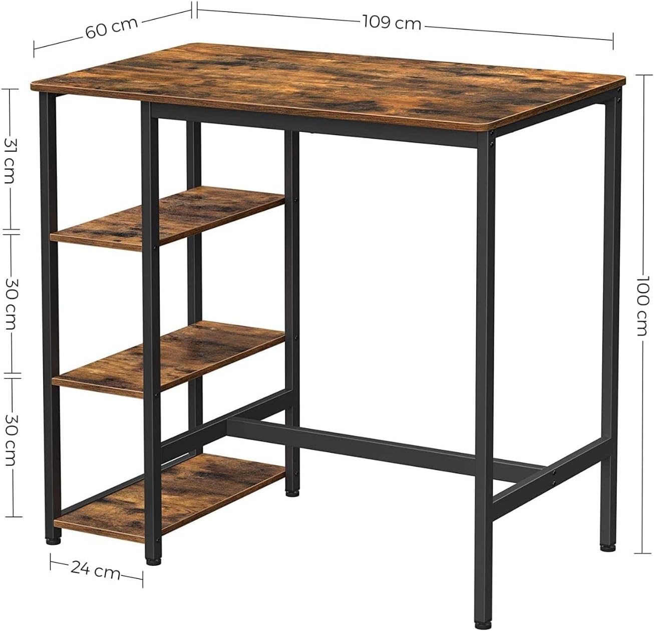 VASAGLE Masa de bar dreptunghiulara cu cadru metalic, 3 rafturi, design industrial, 109x60x100cm, maro vintage si negru