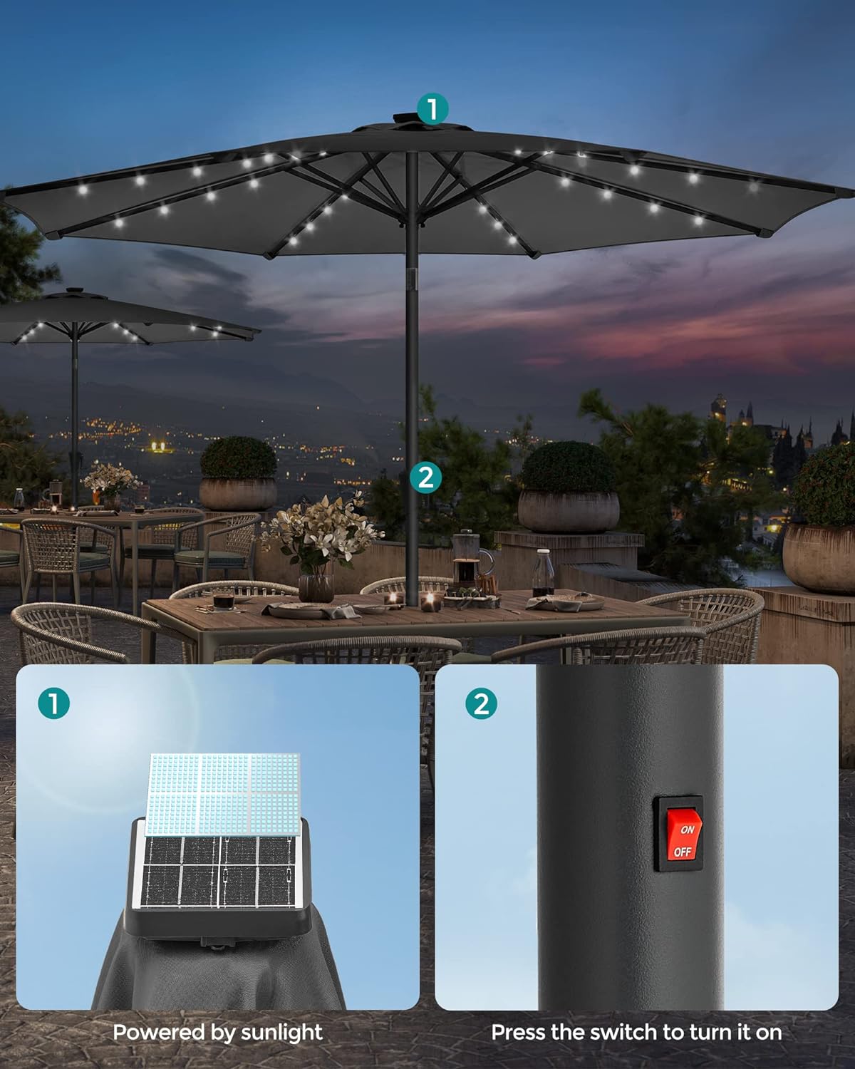 SONGMICS Umbrela de gradina, iluminare LED solara, cu manivela pentru deschidere, sistem inclinare, 300cm, gri - 4